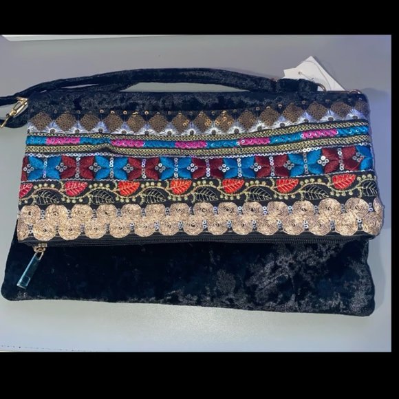 Elegant fashion purse, black velvet with colorful embroidered designs, bag - Picture 2 of 8